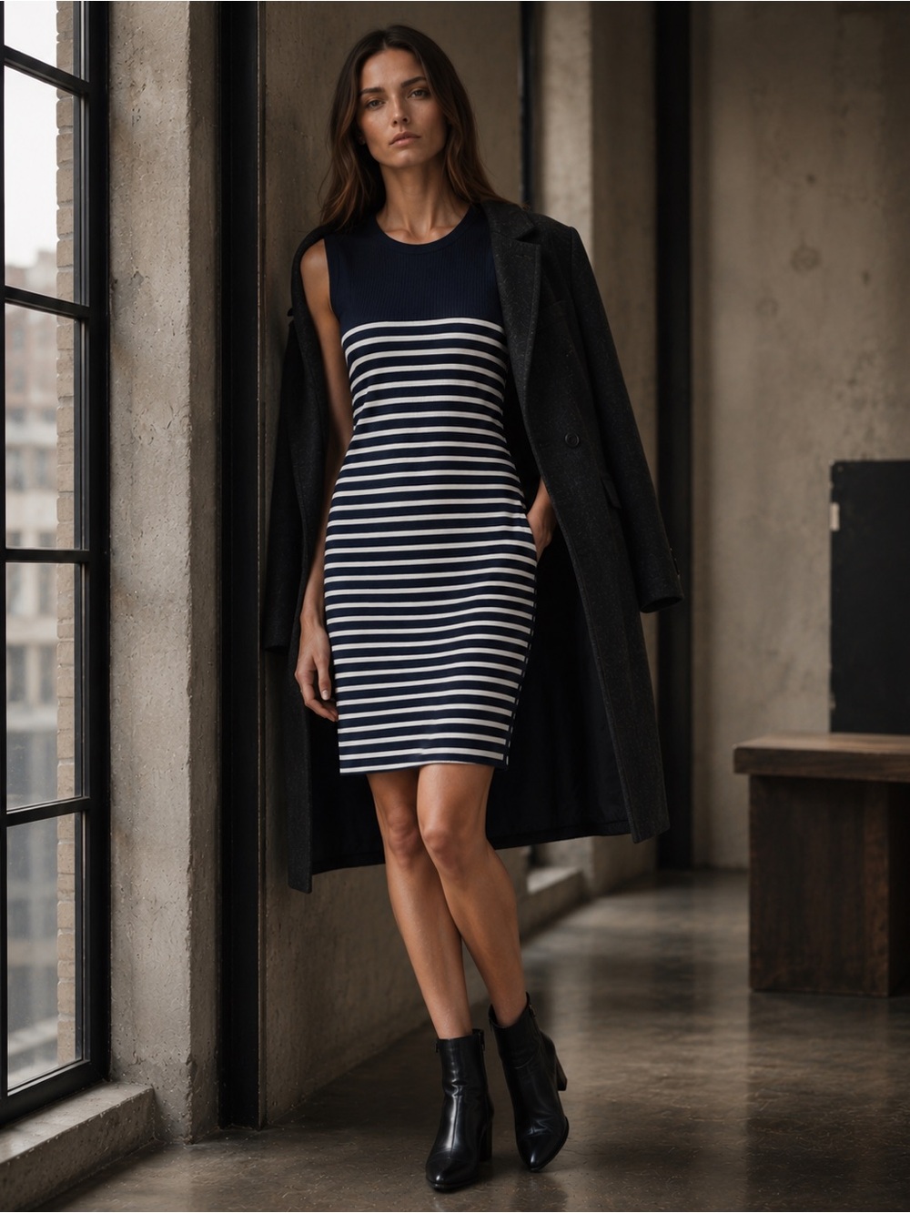 RAG & BONE NAVY BLUE WHITE GISELLE MESH-INSET STRIPED DRESS SZ S